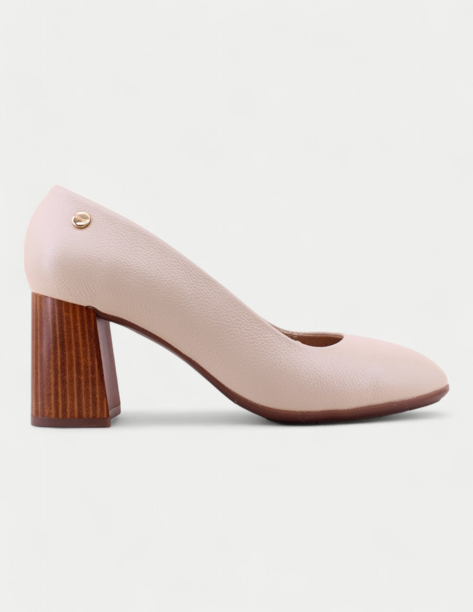 Zapatilla Isis 02 de piel hueso con tacón block tipo madera Manet, vista lateral