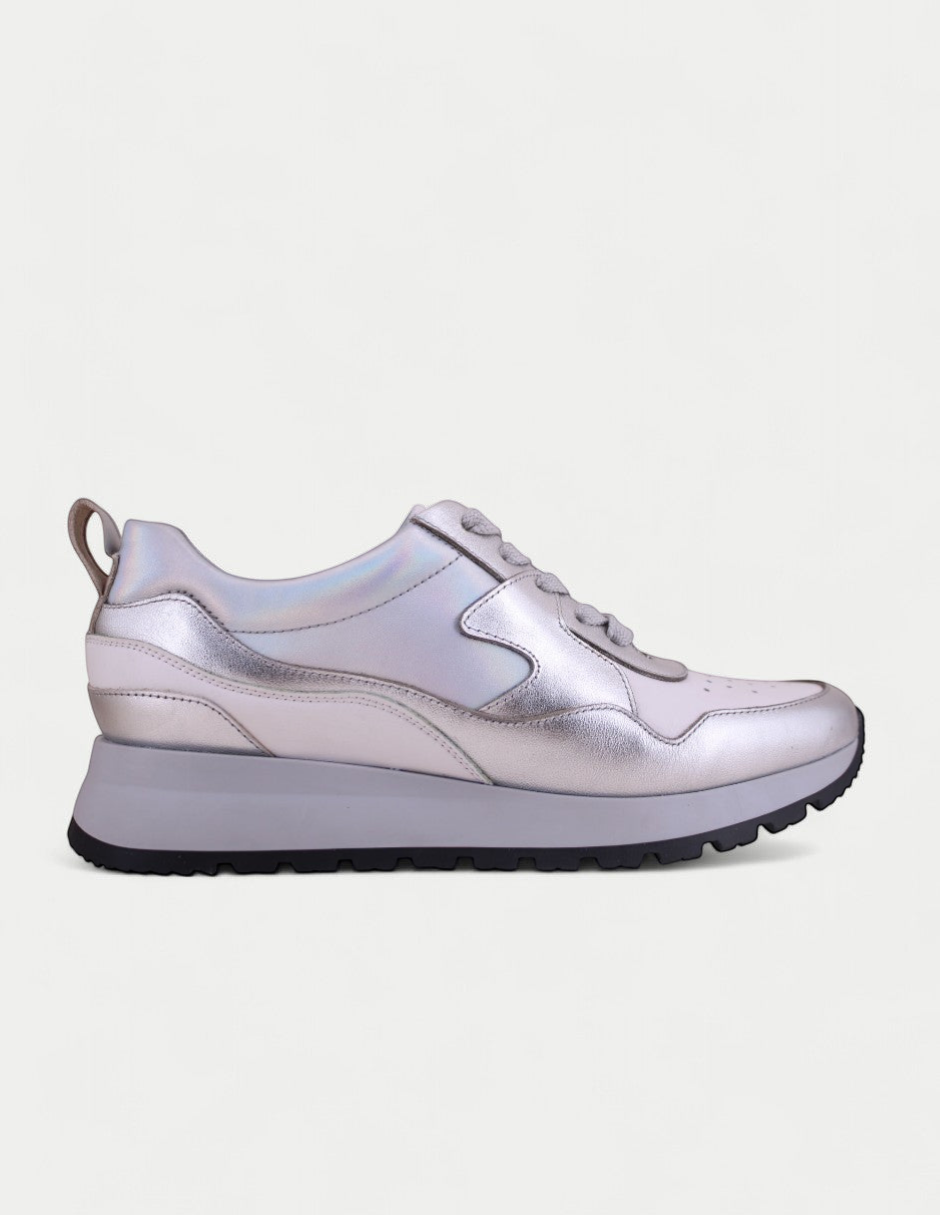 Manet Yumei 02 silver iridescent leather sneakers with a thick grey sole and lace-up closure.