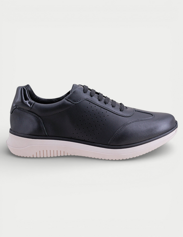 Manet Midas 01 black leather men's sneakers with perforated detail and contrasting sole.