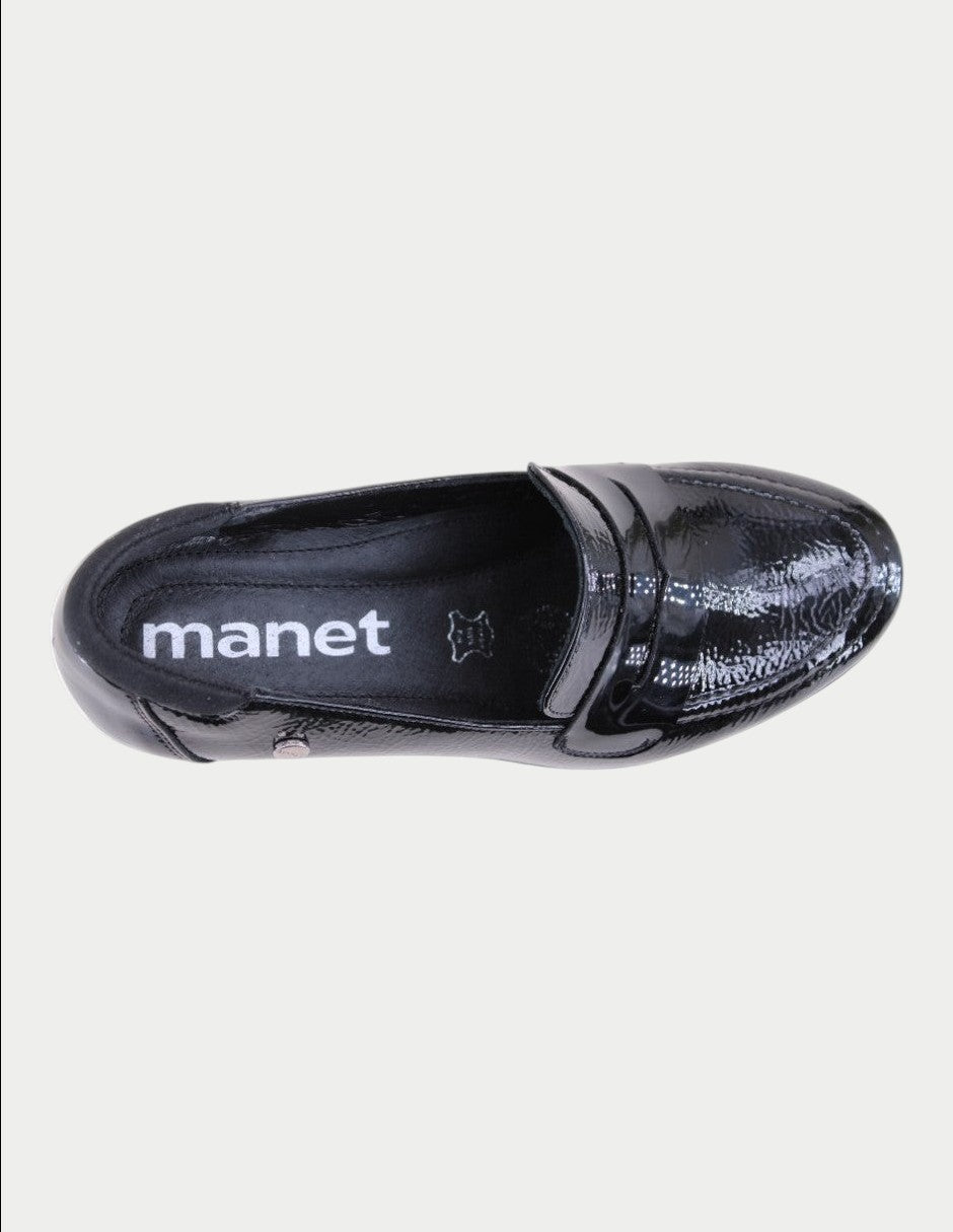 Manet black patent leather women's loafers with a decorative strap across the vamp. Elegant and shiny.