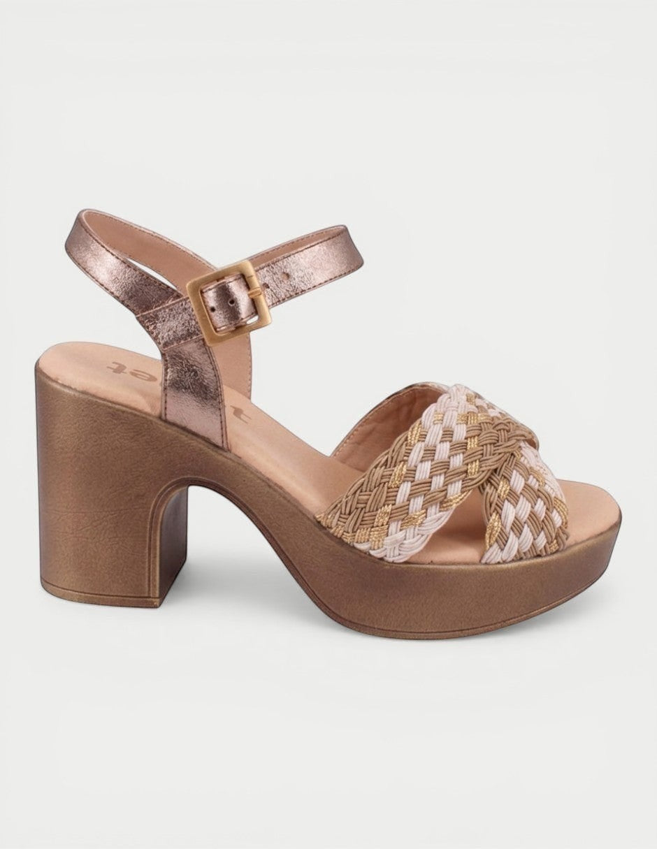 Manet bronze metallic platform sandals with braided straps and adjustable ankle buckle. High block heel.