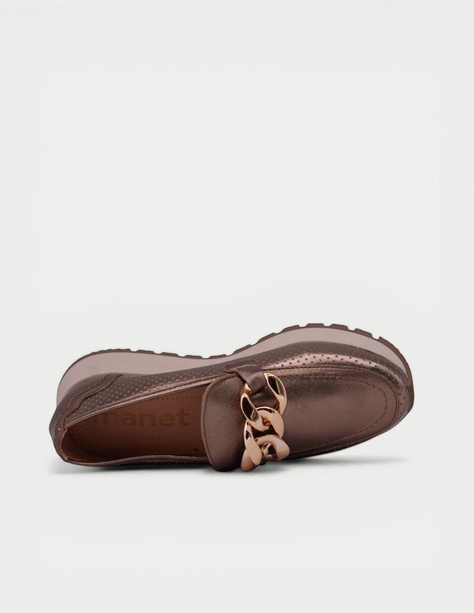 Manet bronze metallic leather loafers with elevated sole, chain detail, and perforated design. Comfortable and stylish.