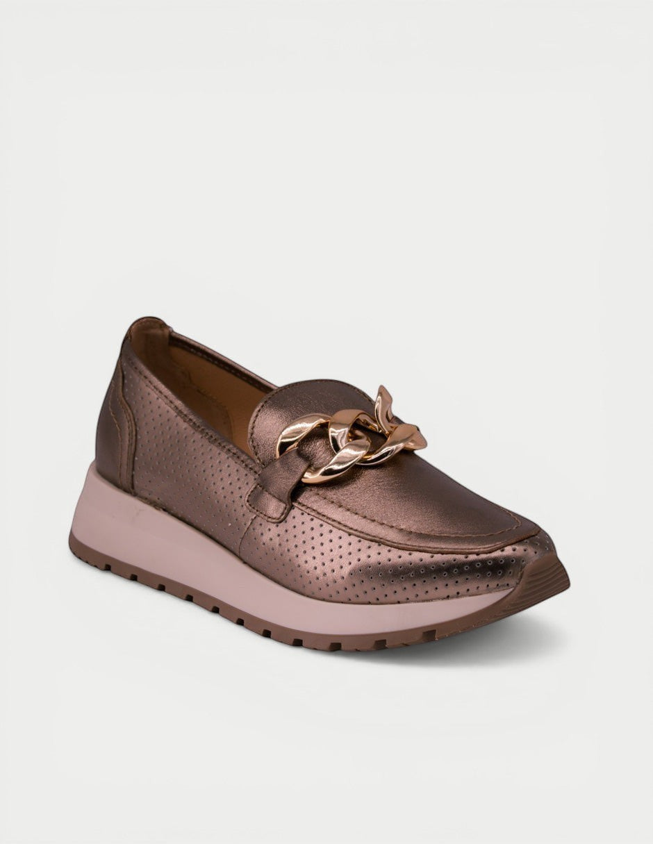 Manet bronze metallic perforated loafers with gold chain detail and elevated sole.