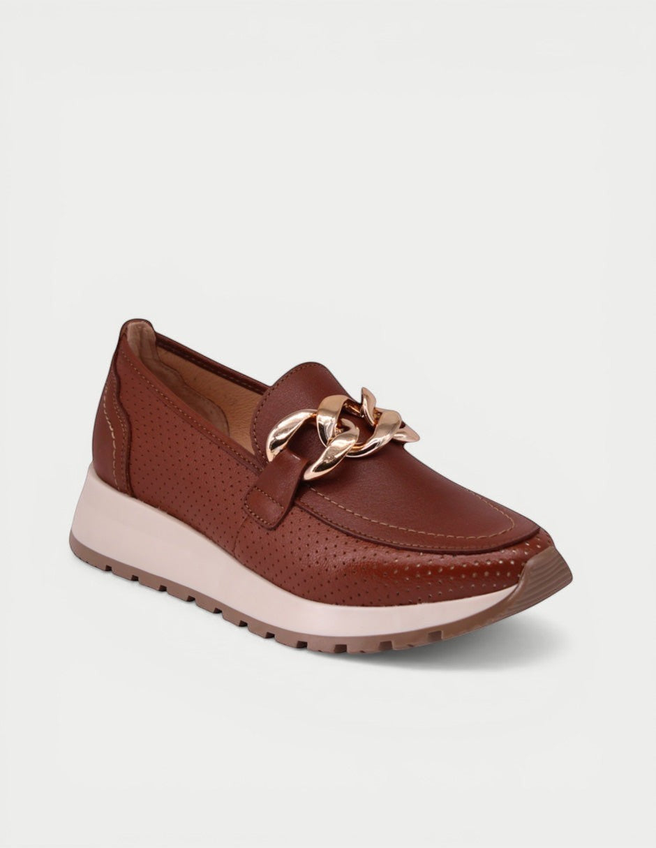 Manet brown leather perforated loafers with elevated sole and gold chain detail. Comfortable and stylish.