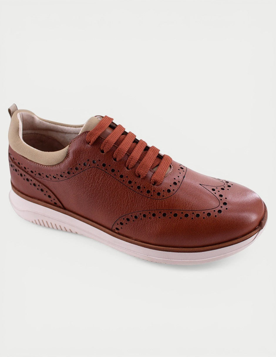 Manet Midas 02 men's brown leather wingtip sneakers with orange laces and beige accents.