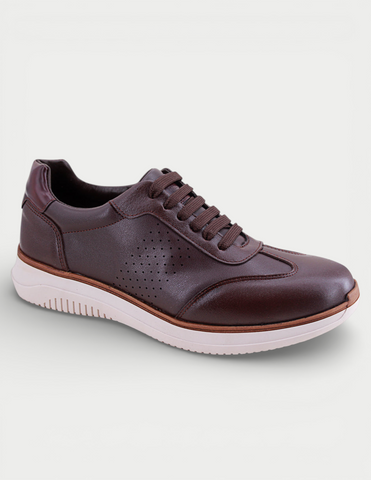 Manet Midas 01 dark brown leather men's sneakers with white soles and perforated details.
