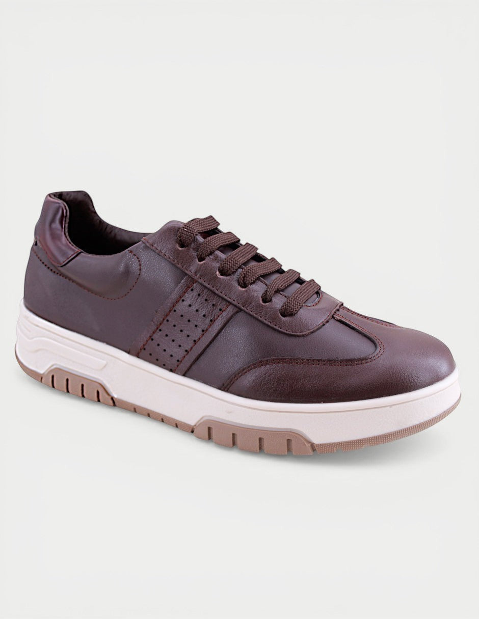 Manet Teo 02 men's dark brown leather sneakers with perforated side detail and white sole.