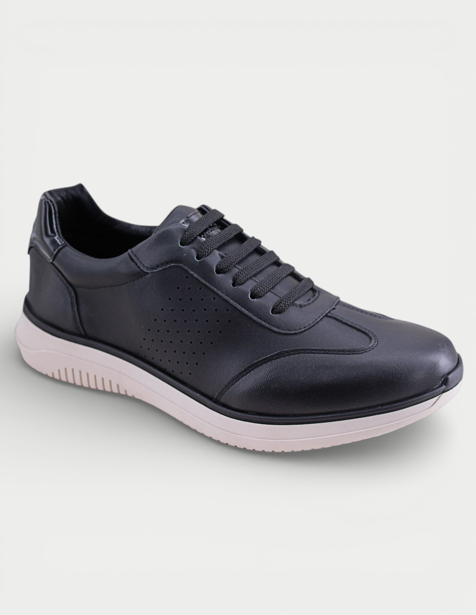 Manet Midas 01 black leather men's sneakers with perforated side detail and white sole.