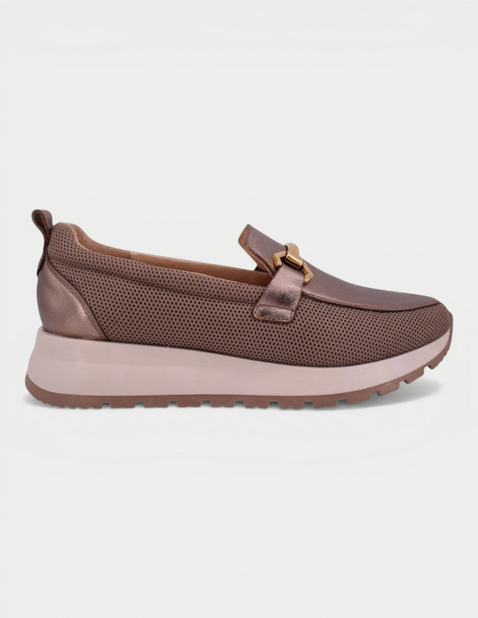 Manet Zulia 04 taupe metallic leather perforated loafer with gold buckle detail and platform sole.