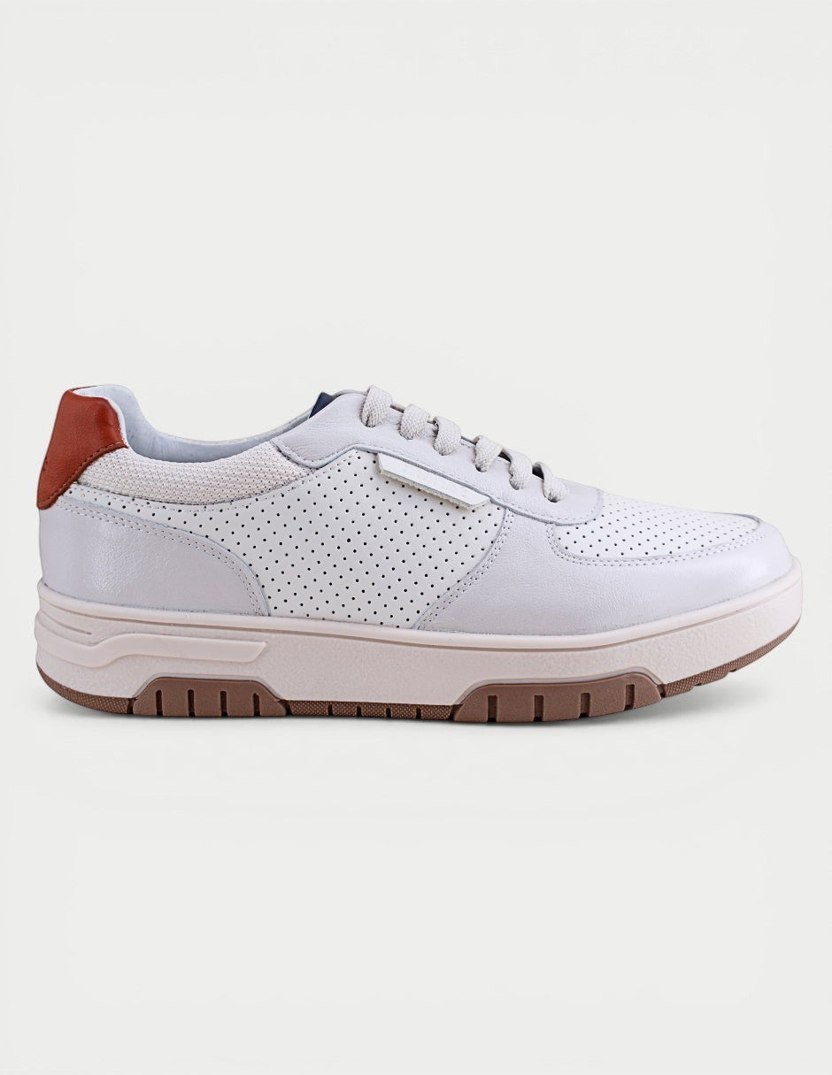 Manet white leather sneakers with perforated details and brown heel accent. Comfortable and stylish for everyday wear.