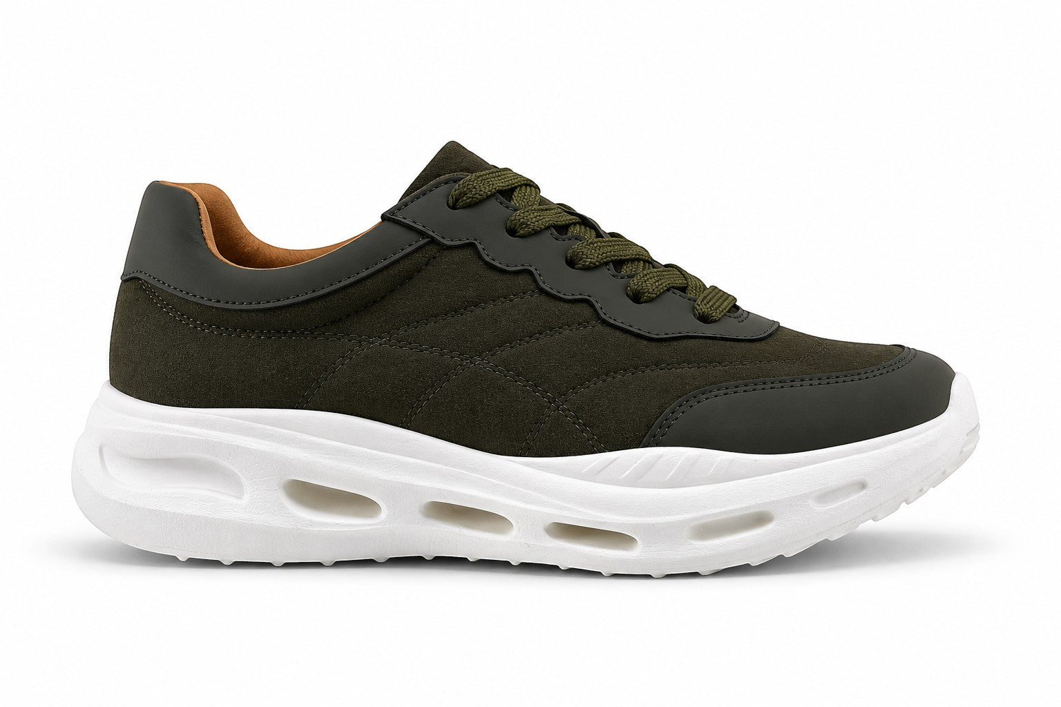 Zapatillas Manet Ro 02 en color verde militar con suela blanca gruesa y diseño deportivo de ante y material sintético